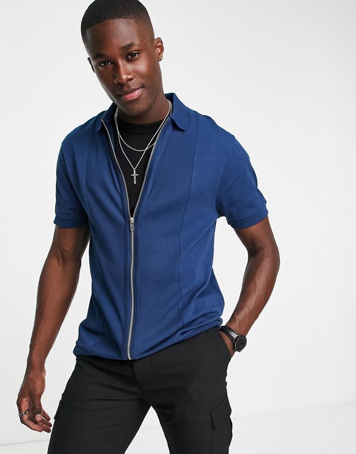 Asos Design Cut & Sew Waffle Polo With Zip Through In Navy