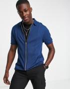 Asos Design Cut & Sew Waffle Polo With Zip Through In Navy
