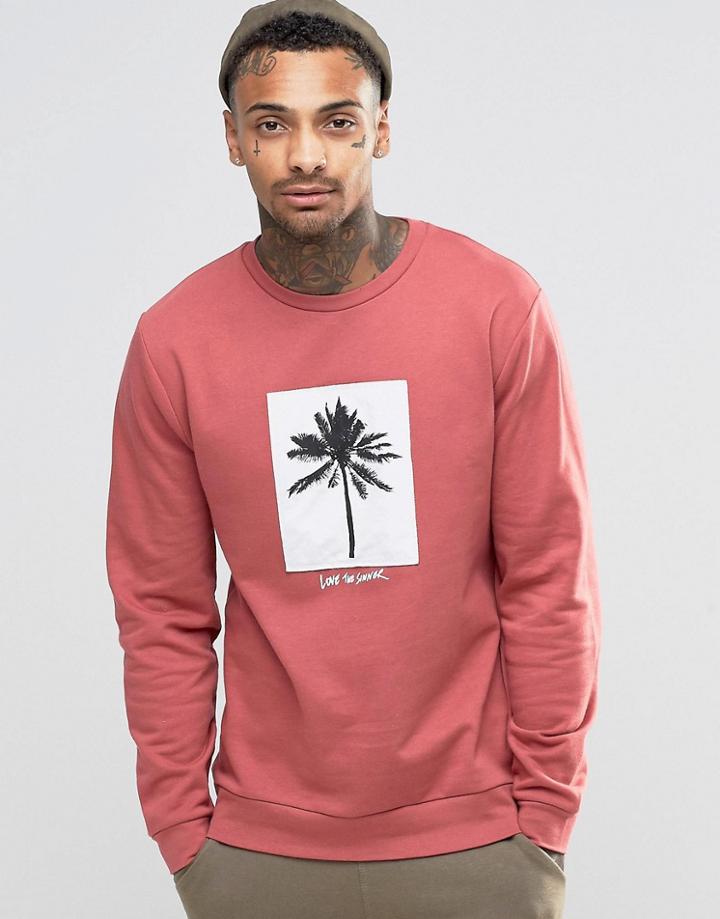 Asos Sweatshirt With Palm Tree Woven Patch Print - Pink