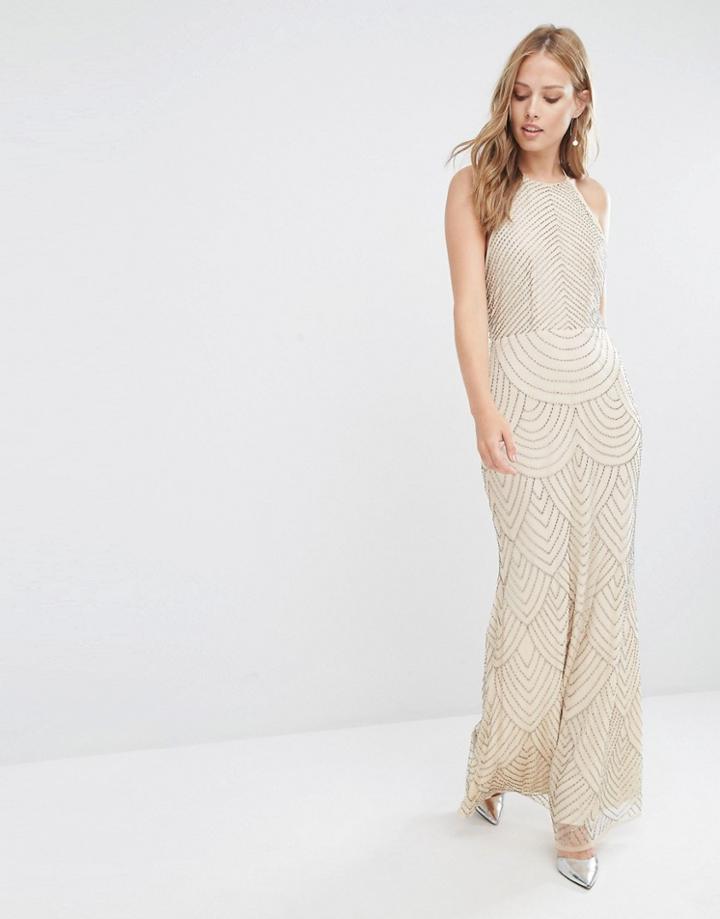 Maya High Neck Maxi Dress With Art Deco Embellishment - Pink