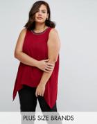 Koko Plus Top With Embellished Neckline And Hanky Hem - Red