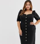 Asos Design Curve Linen Button Through Midi Dress With Sweetheart Neckline - Black