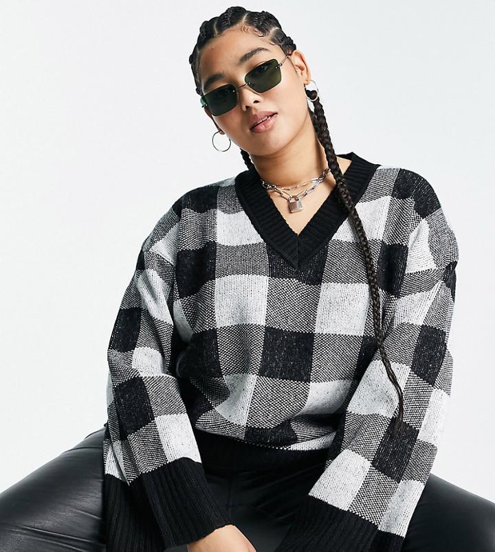 Violet Romance Plus Oversized V Neck Sweater In Monochrome Check-black