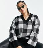 Violet Romance Plus Oversized V Neck Sweater In Monochrome Check-black