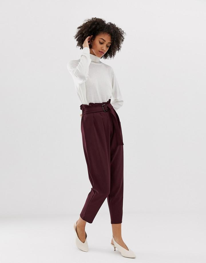 Asos Design Crepe Paperbag Waist Peg Pants With Tortoiseshell Buckle - Red