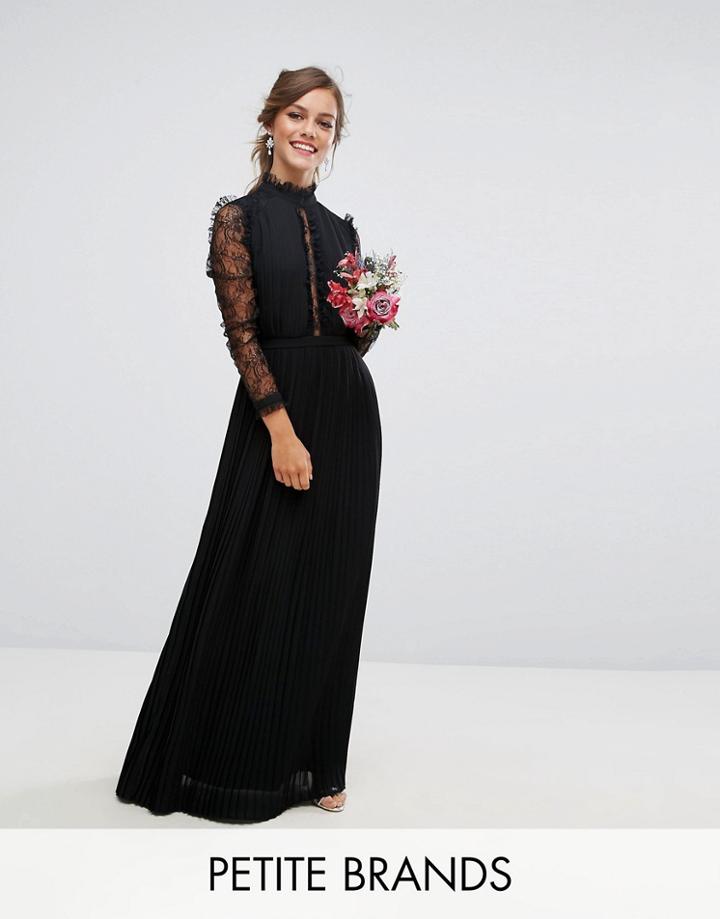 Tfnc Petite Wedding Pleated High Neck Lace Sleeve Maxi Dress - Black