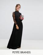 Tfnc Petite Wedding Pleated High Neck Lace Sleeve Maxi Dress - Black