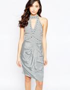 Virgo's Lounge Neva Halter Dress With Keyhole Detail And Ruched Skirt - Gray