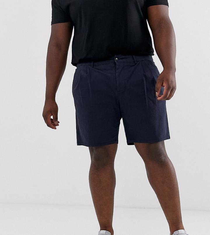 Asos Design Plus Slim Shorts With Pleats In Navy - Navy