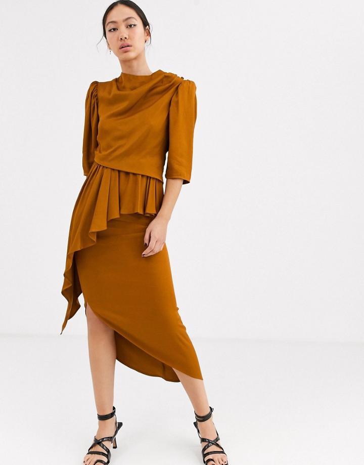 Asos White High Neck Ruched Asymmetric Dress-brown