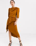 Asos White High Neck Ruched Asymmetric Dress-brown