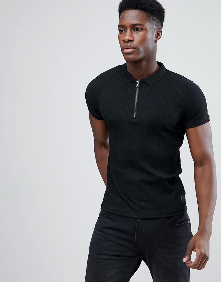 Brave Soul Ribbed Half Zip Polo - Black