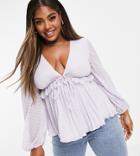Asos Design Curve Sheer V Neck Top With Frill And Tie Waist Detail In Lilac-purple