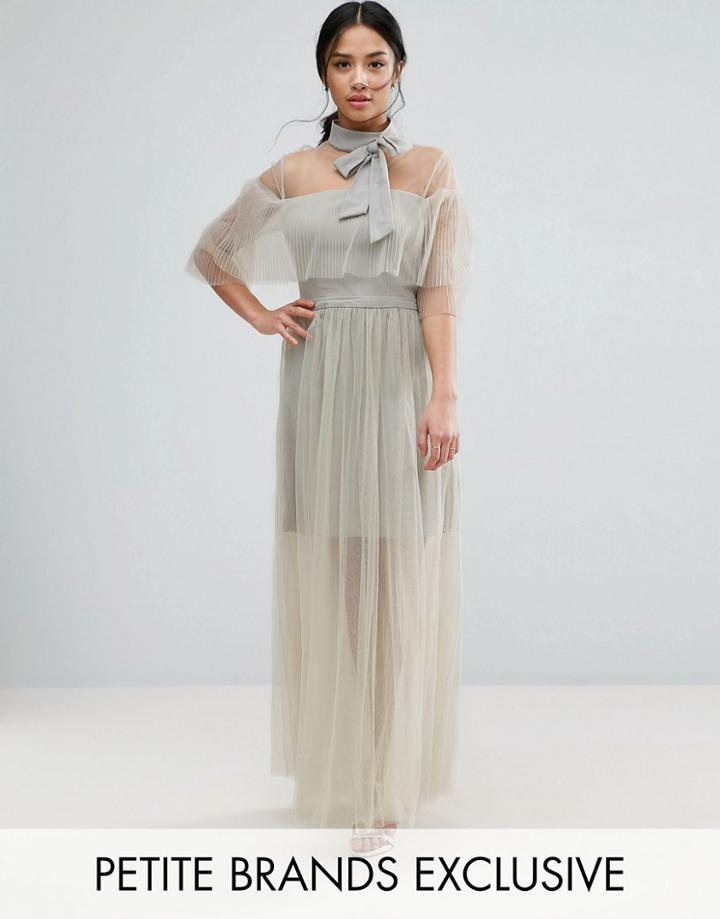 True Decadence Petite Pleated Mesh Dress With Tie Neck Detail - Green