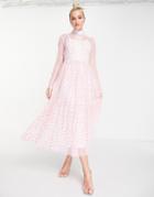 Lace & Beads Long Sleeve Midi Dress With Lace Inserts In Pink Heart