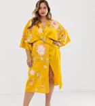 Asos Design Curve Satin Kimono Midi Dress With Floral Embroidery-multi