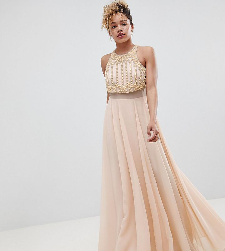 Asos Design Petite Crop Top Maxi With Pearl Embellishment - Pink