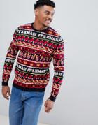 Asos Design Holidays Sweater With All Over Festive Design In Navy - Multi