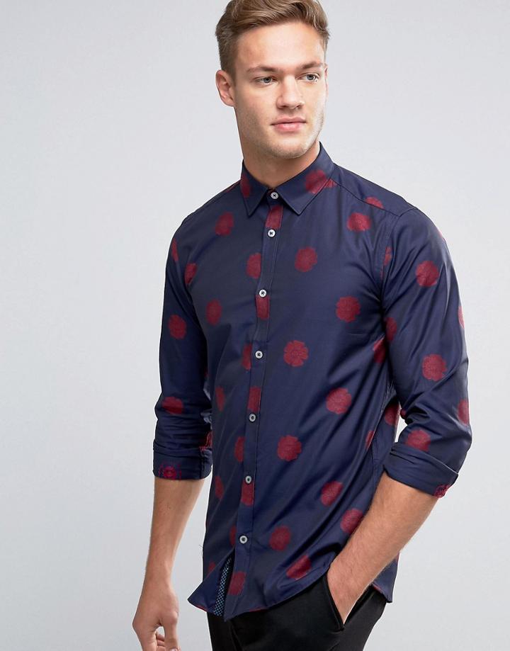 Ted Baker Shirt With All Over Flower Print In Regular Fit - Navy