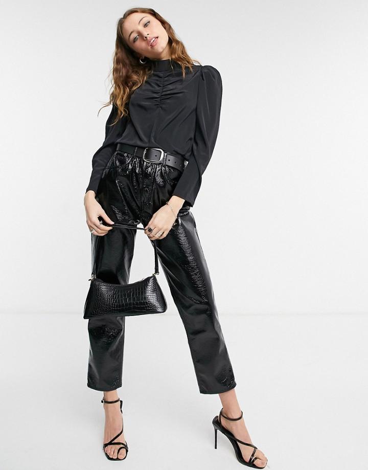 Only Blouse With High Neck And Ruched Front In Black