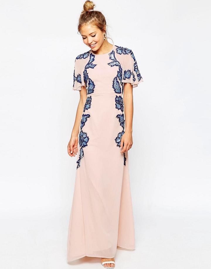 Asos Floral Embellished Flutter Sleeve Maxi Dress - Nude
