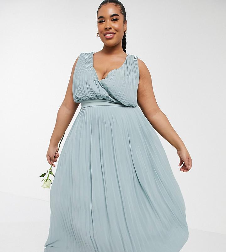 Tfnc Plus Bridesmaid Pleated Wrap Front Midaxi Dress In Sage-green