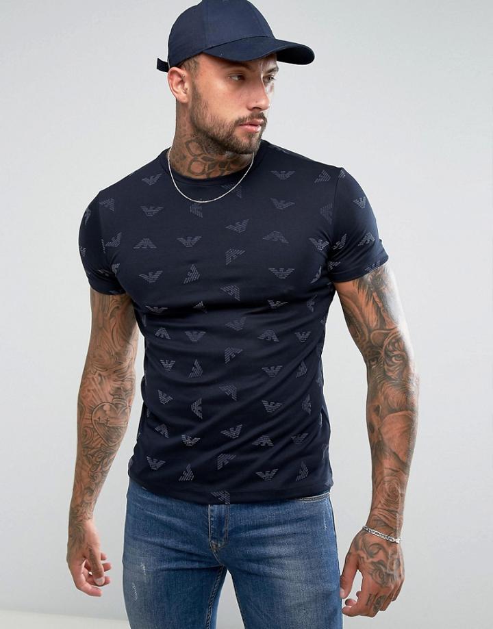 Armani Jeans Slim Fit Crew Neck Mercerised All Over Eagle Logo T-shirt Navy - Navy