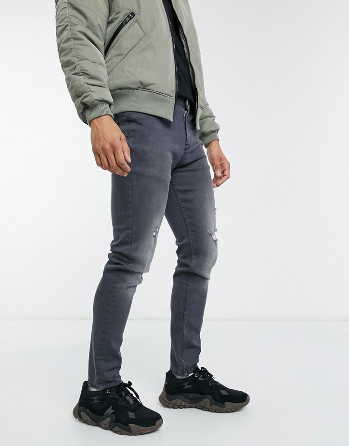 Asos Design Skinny Jeans In Gray With Abrasions-grey