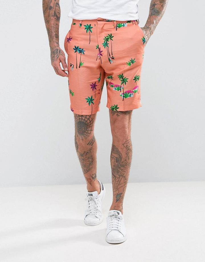 Asos Skinny Shorts In Coral Tropical Print - Pink