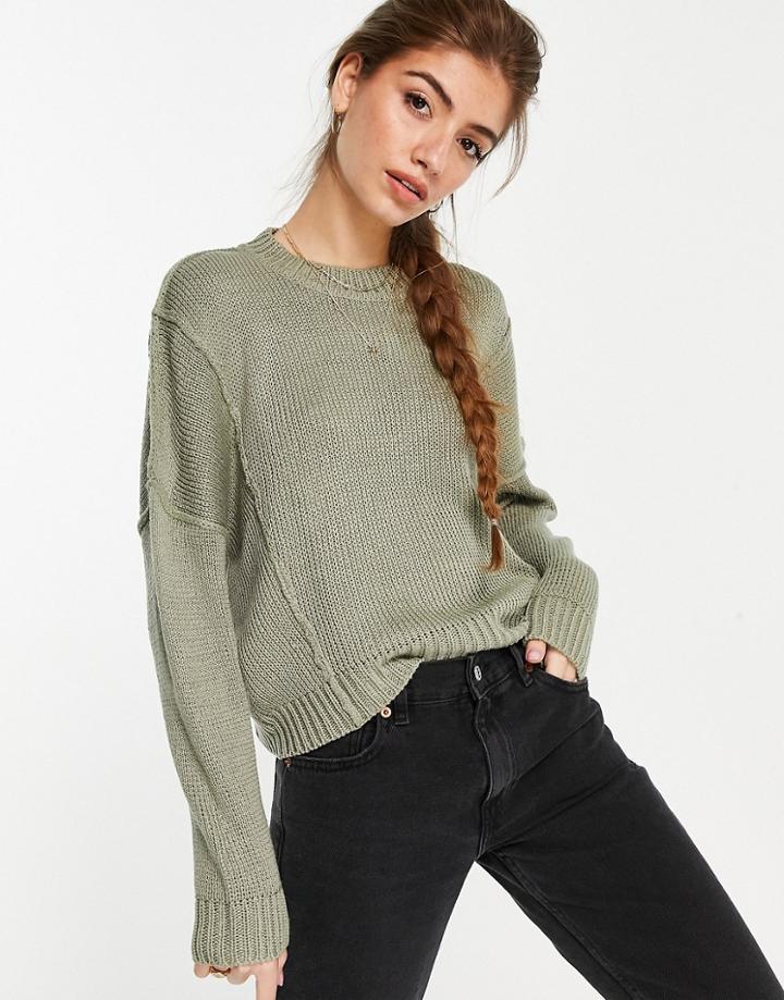 Asos Design Boxy Sweater With Crew Neck In Khaki-green