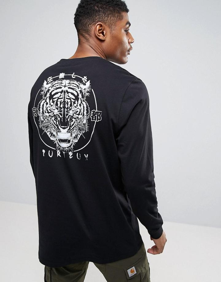 Asos Longline Long Sleeve T-shirt With Tiger Souvenire Back Print - Black