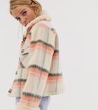 Urban Bliss Brushed Check Boxy Jacket With Faux Fur Trims-multi