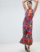 Lost Ink Wide Leg Tie Waist Jumpsuit In Tropical Floral Print - Multi