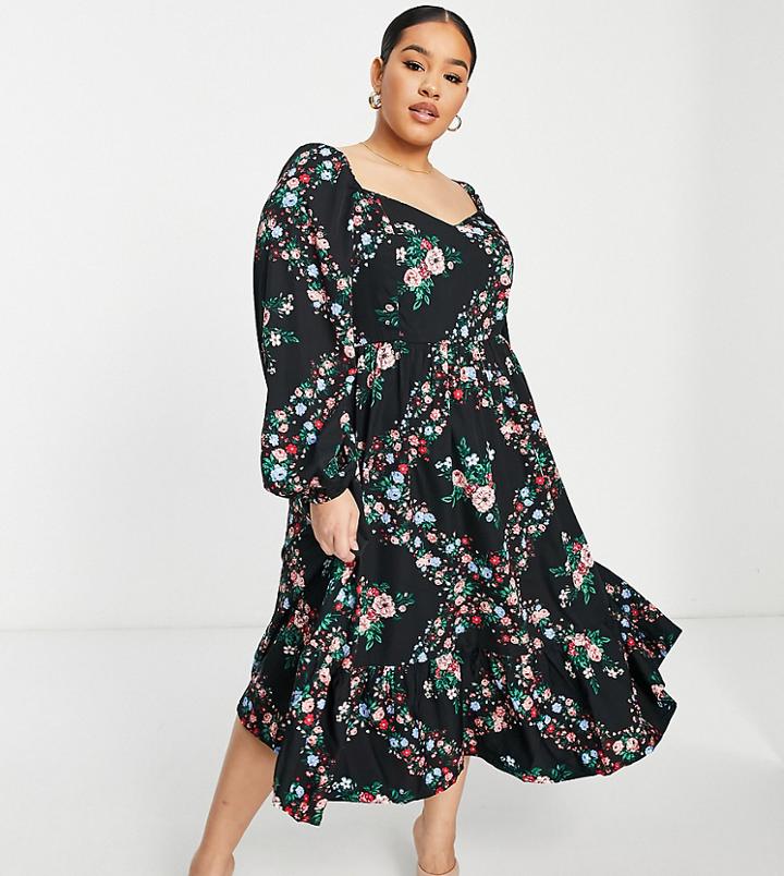 Simply Be Sweetheart Neck Tiered Midi Dress In Black Floral
