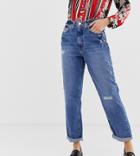 River Island Mom Jeans With Rips In Mid Wash - Blue