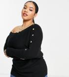 River Island Plus Off Shoulder Slouch Sweater With Button Detail In Black