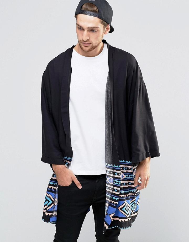 Asos Kimono With Aztec Print In Long Sleeve - Black