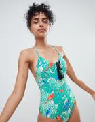 Monki Tropical Bird Print Swimsuit In Parrotprint - Multi
