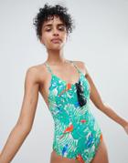 Monki Tropical Bird Print Swimsuit In Parrotprint - Multi