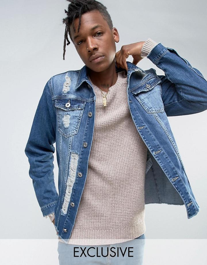 Mennace Denim Jacket With Distressing In Mid Wash - Blue