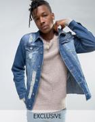 Mennace Denim Jacket With Distressing In Mid Wash - Blue
