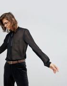Asos Regular Fit Sheer Shirt With Velvet Pussy Bow - Black