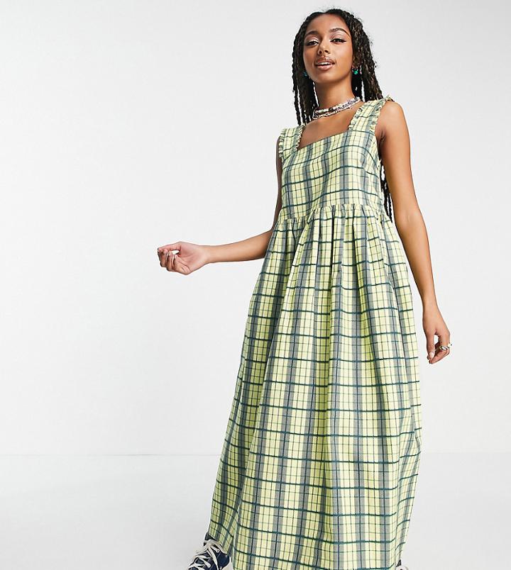 Collusion Twill Pinafore Midi Dress In Yellow Market Check