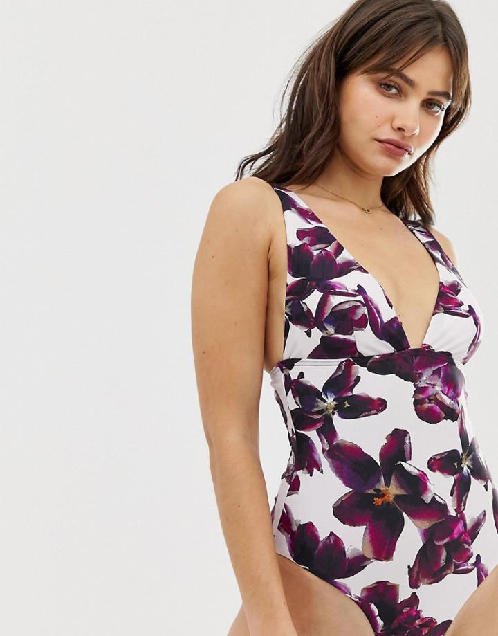 Y.a.s Dahlia Floral Print V-neck Swimsuit-purple