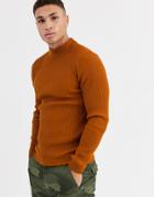 Asos Design Muscle Fit Ribbed Turtleneck Sweater In Tan