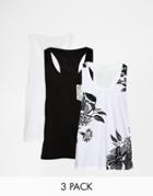 Asos Tank With Plain Floral Print And Pocket 3 Pack Save 15% - Monochrome