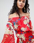 Parisian Off Shoulder Floral Top With Crochet Trim - Red