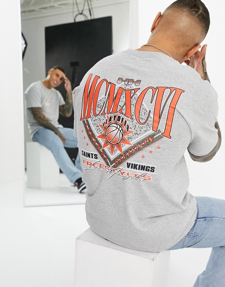 Topman Oversize T-shirt With Front And Back State Print In Gray Heather-grey