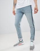 Asos Design Skinny Jeans In Light Wash Blue With Geo-tribal Taping - Blue