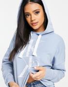 Calvin Klein Ck Logo Distressed Raw Hem Hoodie In Chambray Blue-blues